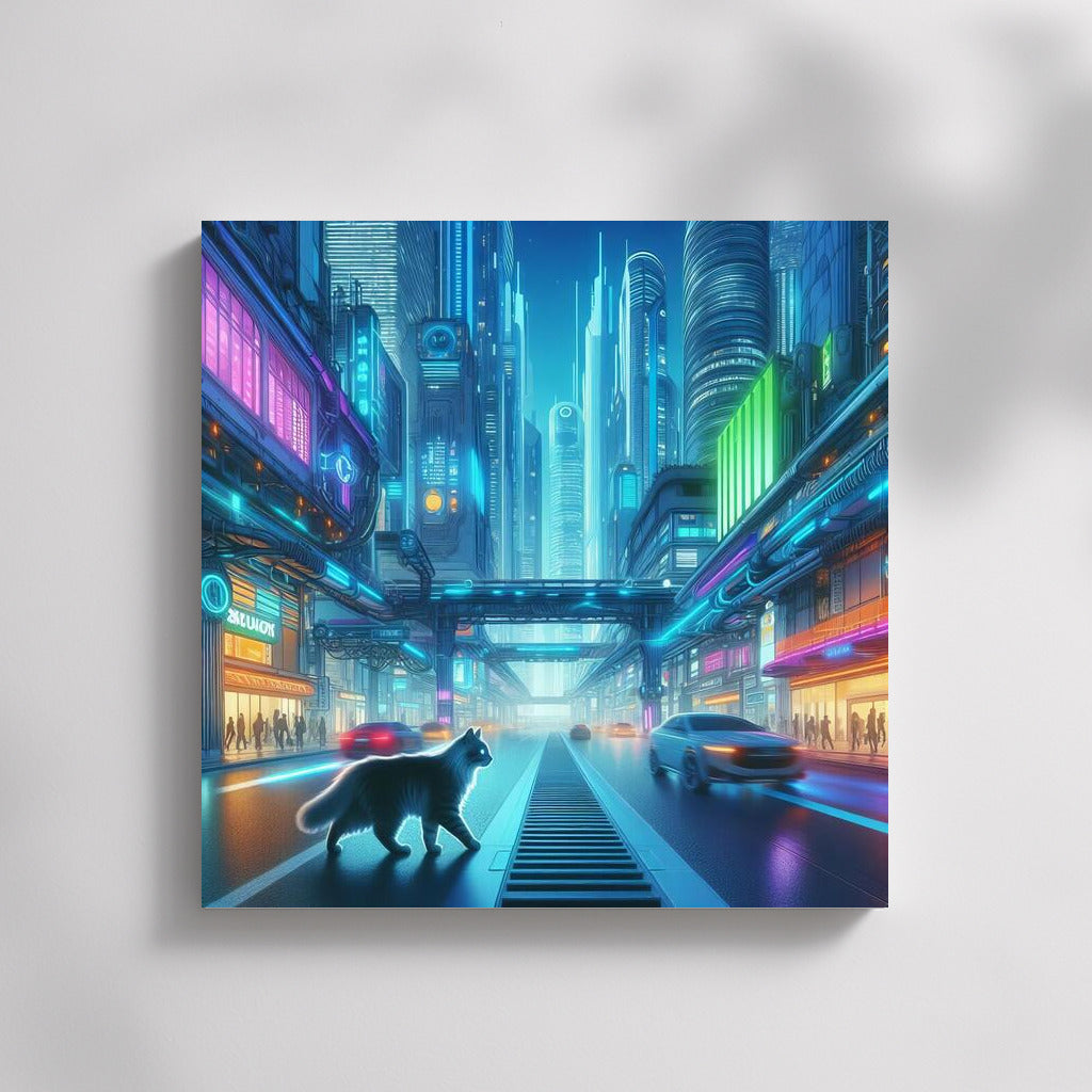 Neon Cat in the Heart of a Futuristic Metropolis