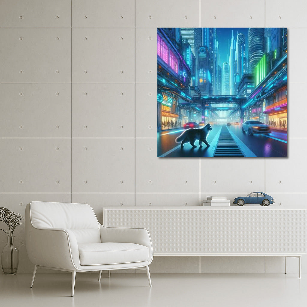 Neon Cat in the Heart of a Futuristic Metropolis