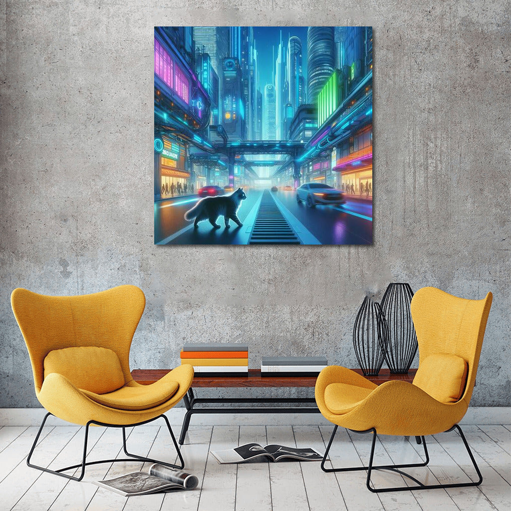 Neon Cat in the Heart of a Futuristic Metropolis