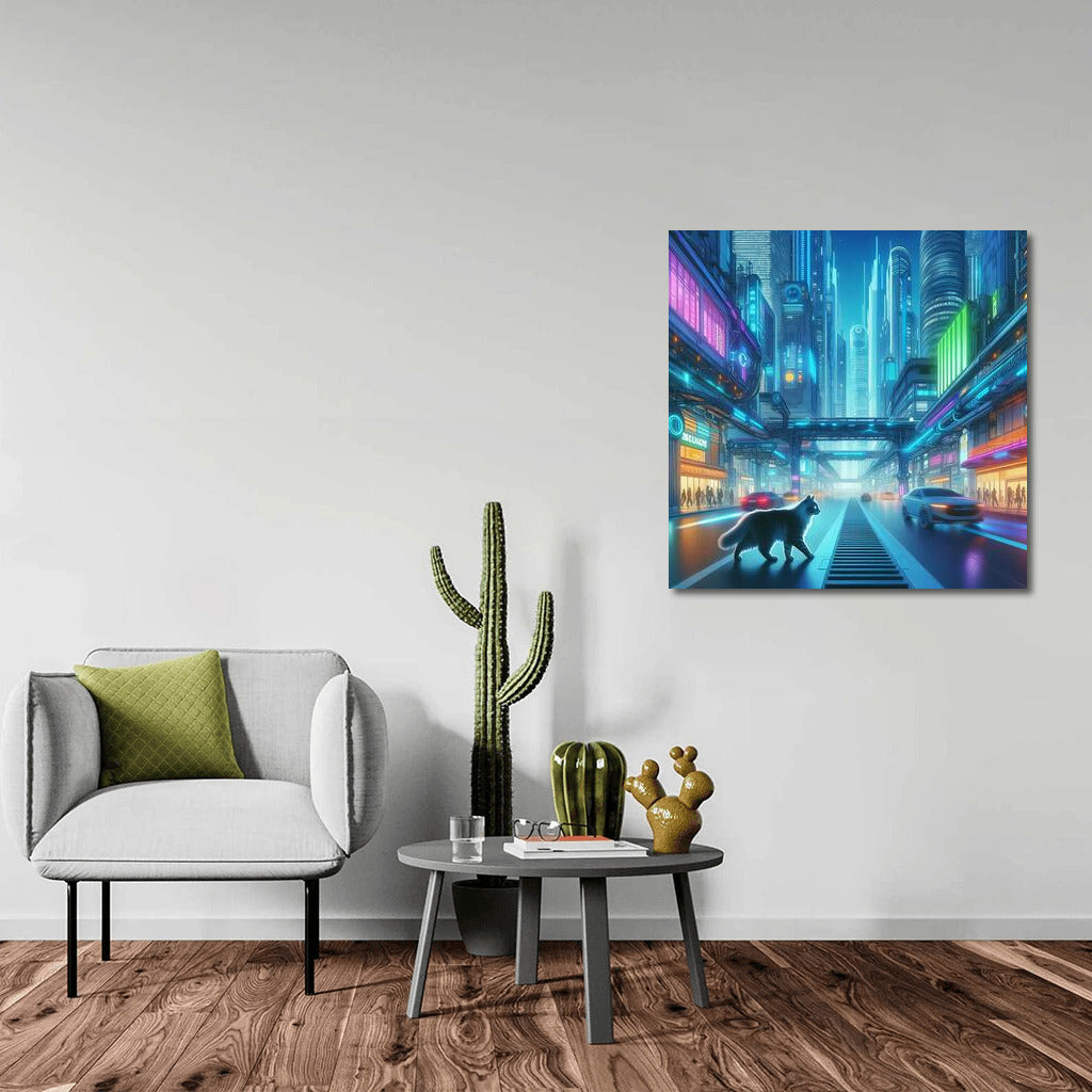 Neon Cat in the Heart of a Futuristic Metropolis