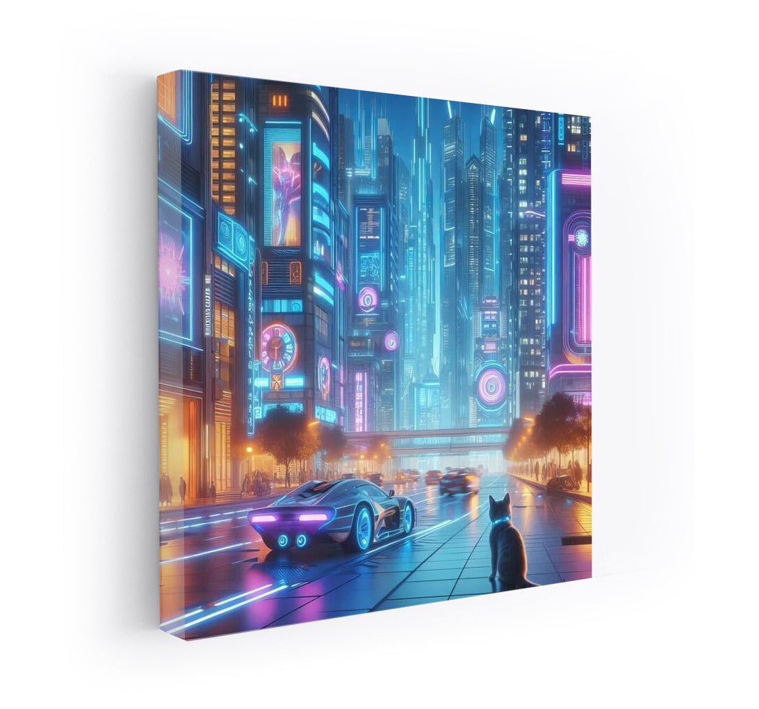 Neon Cat in the Heart of a Futuristic Metropolis