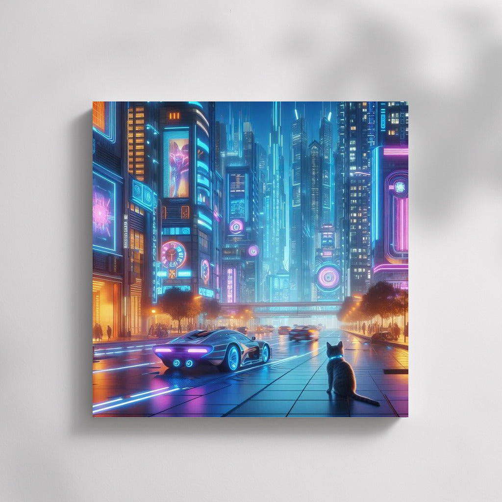 Neon Cat in the Heart of a Futuristic Metropolis