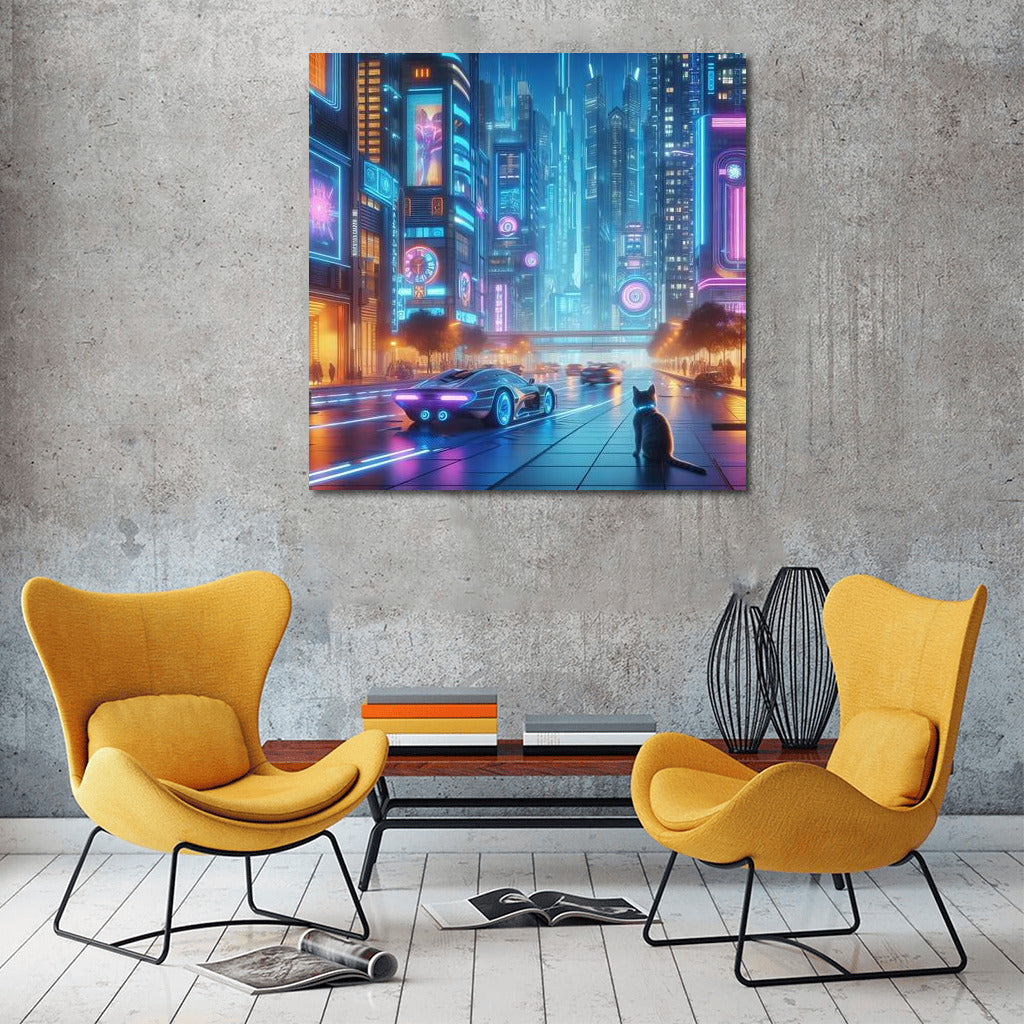Neon Cat in the Heart of a Futuristic Metropolis