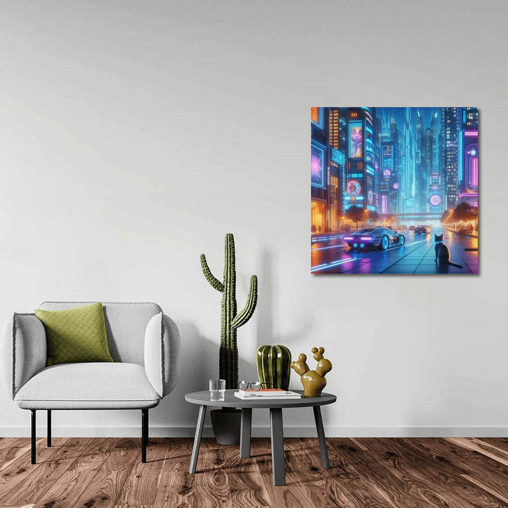 Neon Cat in the Heart of a Futuristic Metropolis