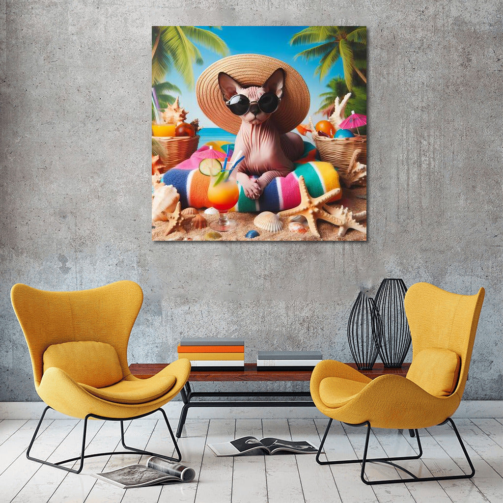 Sphinx in a Hat: Summer Style on a Fashionable Beach