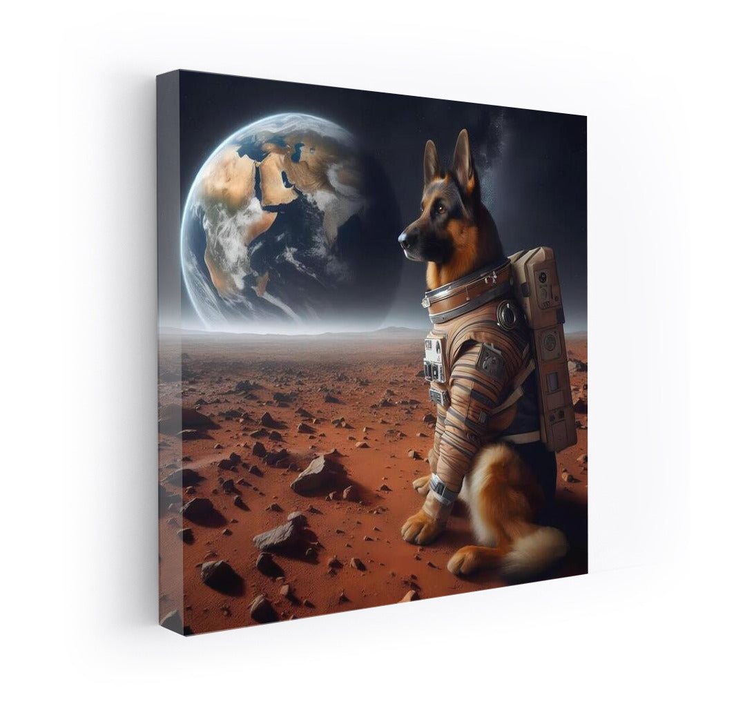 Space Dream: German Shepherd in Spacesuit on Mars Looking at Earth