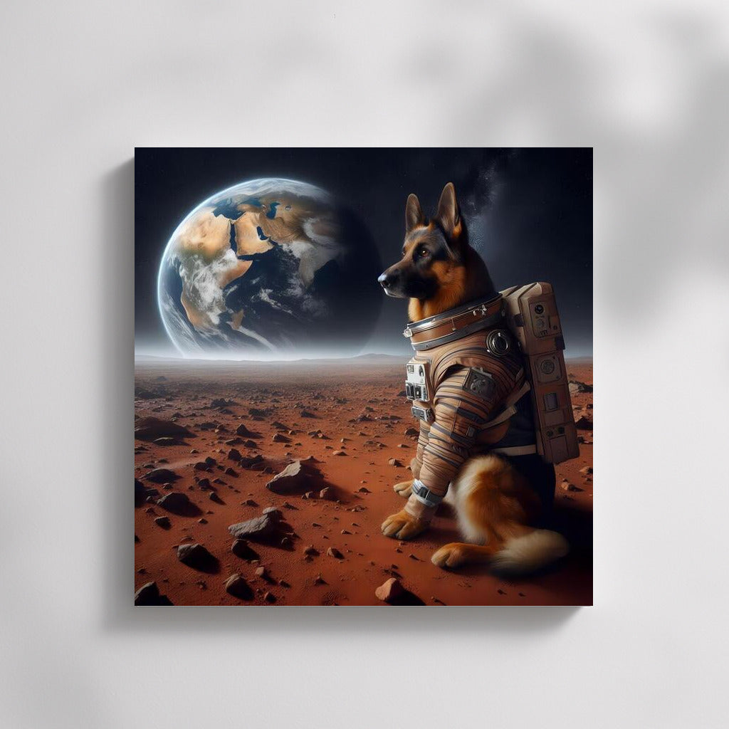 Space Dream: German Shepherd in Spacesuit on Mars Looking at Earth