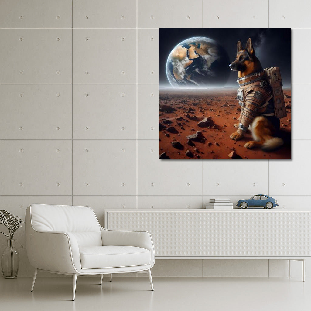 Space Dream: German Shepherd in Spacesuit on Mars Looking at Earth