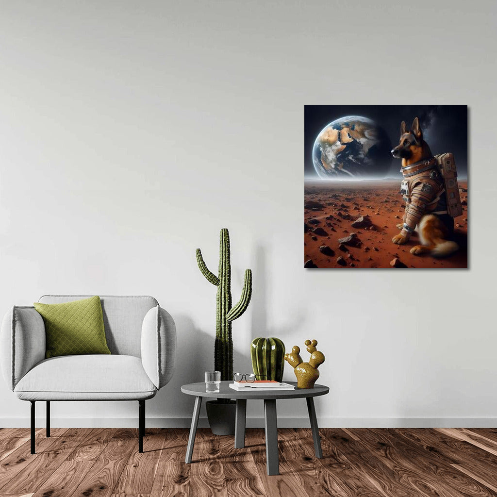 Space Dream: German Shepherd in Spacesuit on Mars Looking at Earth