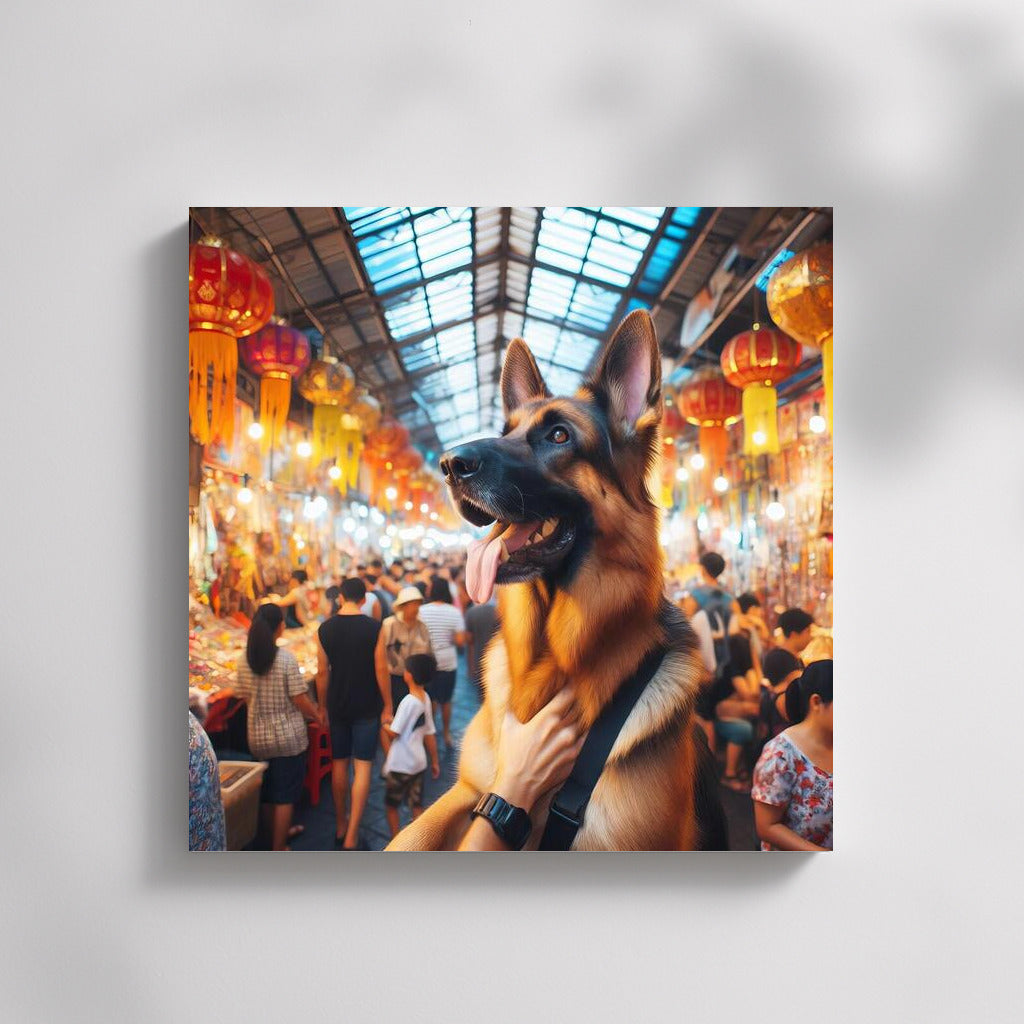 German Shepherd at a colorful Bangkok market