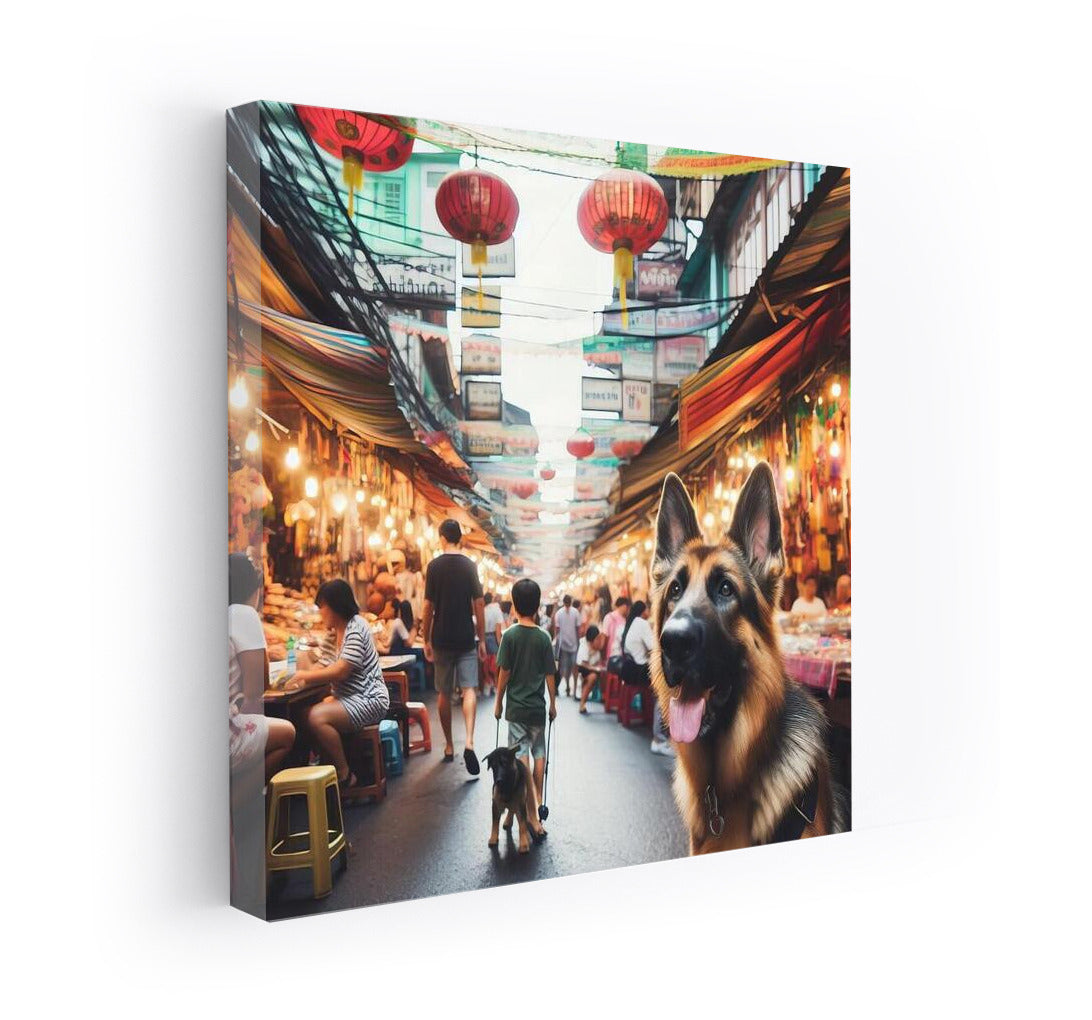 German Shepherd in a Vibrant Bangkok Market: Living World in Interiors