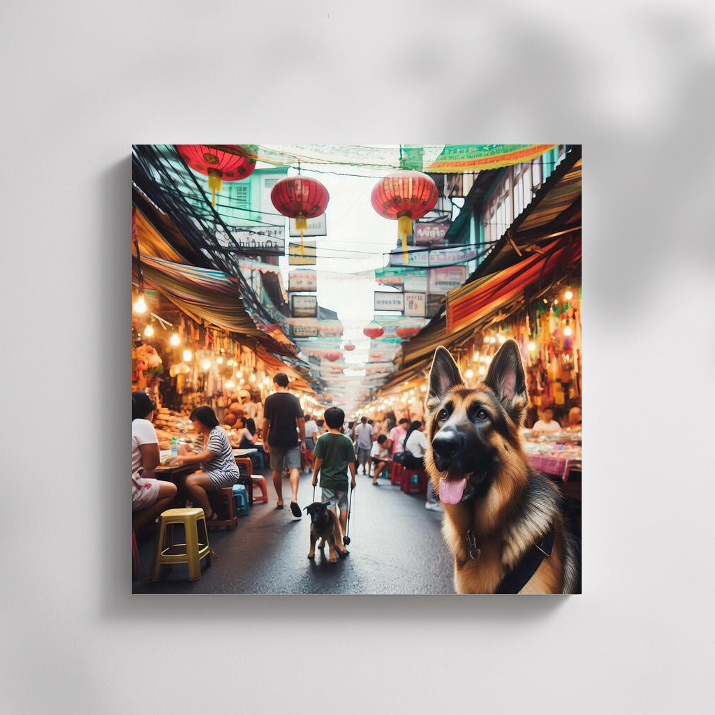 German Shepherd in a Vibrant Bangkok Market: Living World in Interiors