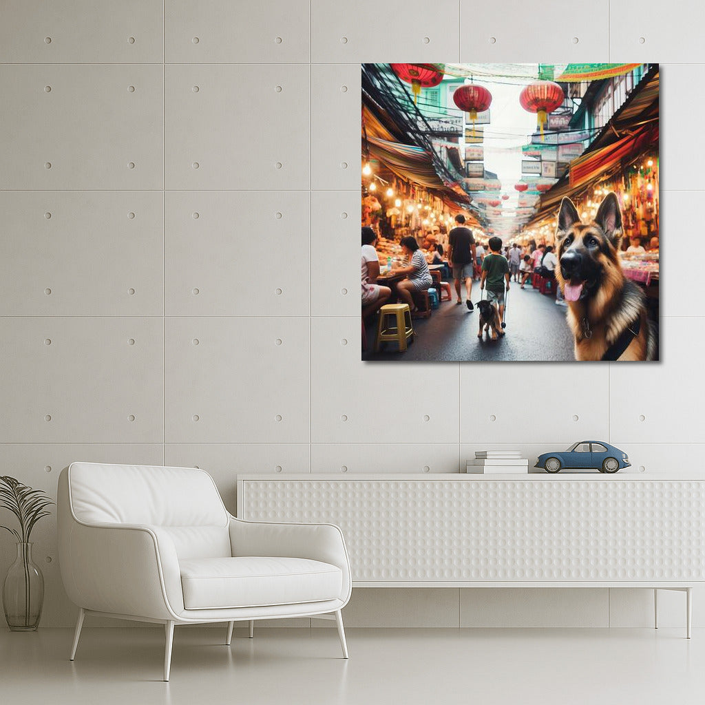 German Shepherd in a Vibrant Bangkok Market: Living World in Interiors