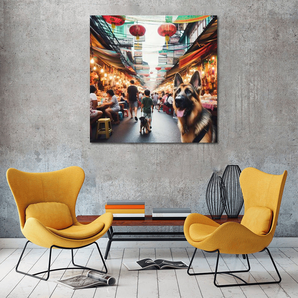 German Shepherd in a Vibrant Bangkok Market: Living World in Interiors