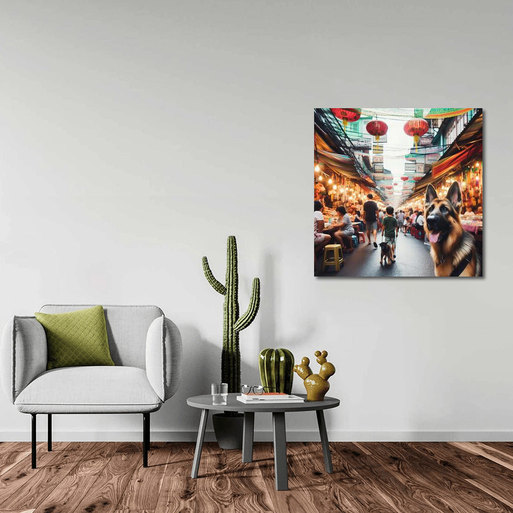 German Shepherd in a Vibrant Bangkok Market: Living World in Interiors