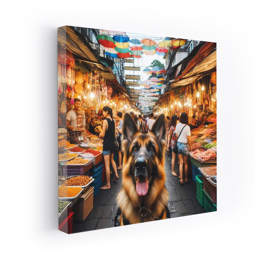 German Shepherd at Bangkok's Vibrant Market: Energy and Adventure