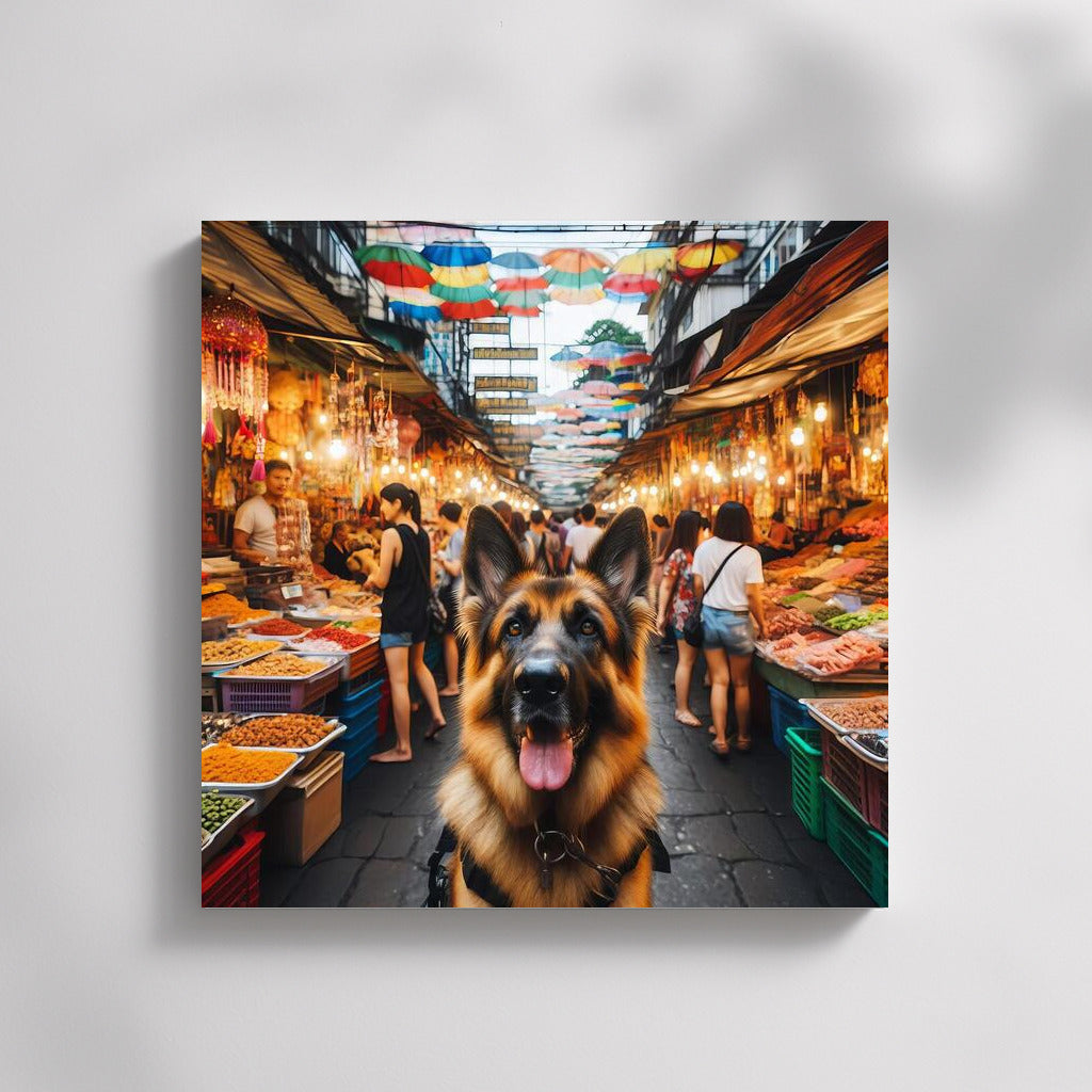 German Shepherd at Bangkok's Vibrant Market: Energy and Adventure