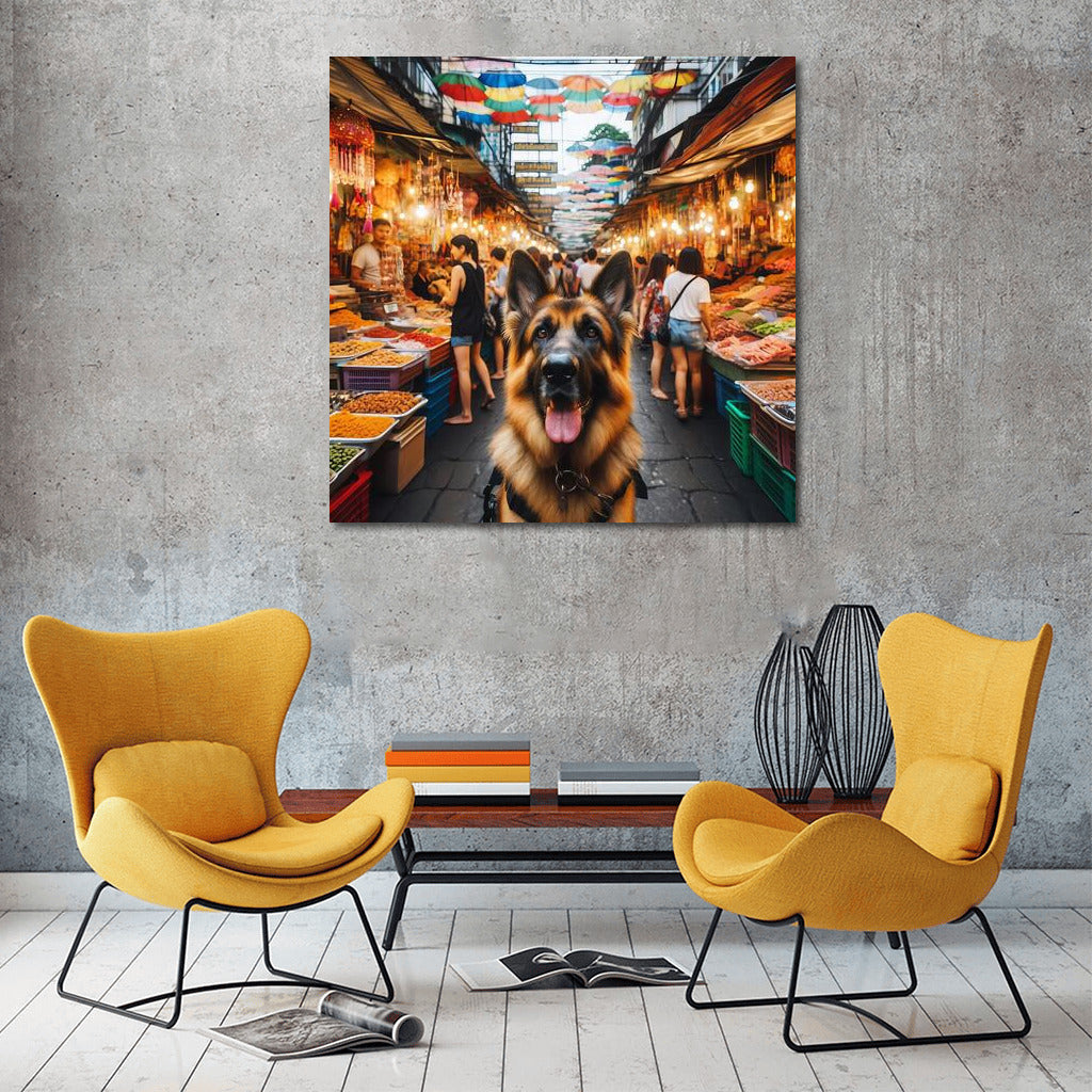 German Shepherd at Bangkok's Vibrant Market: Energy and Adventure