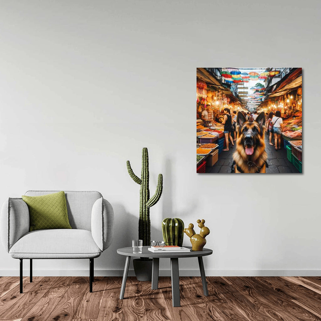 German Shepherd at Bangkok's Vibrant Market: Energy and Adventure