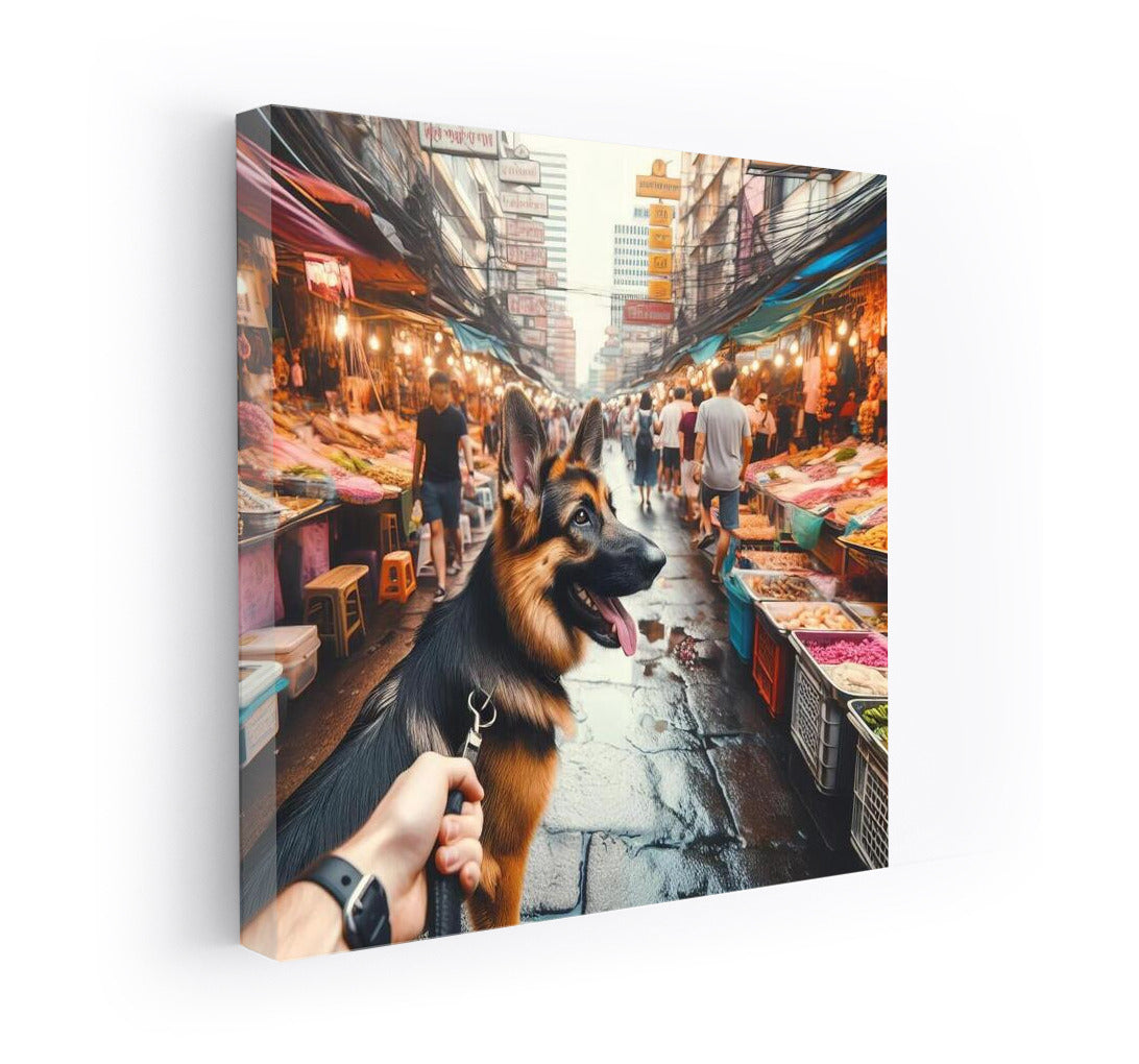 German Shepherd in Bangkok's Vibrant Market: An Exotic Adventure
