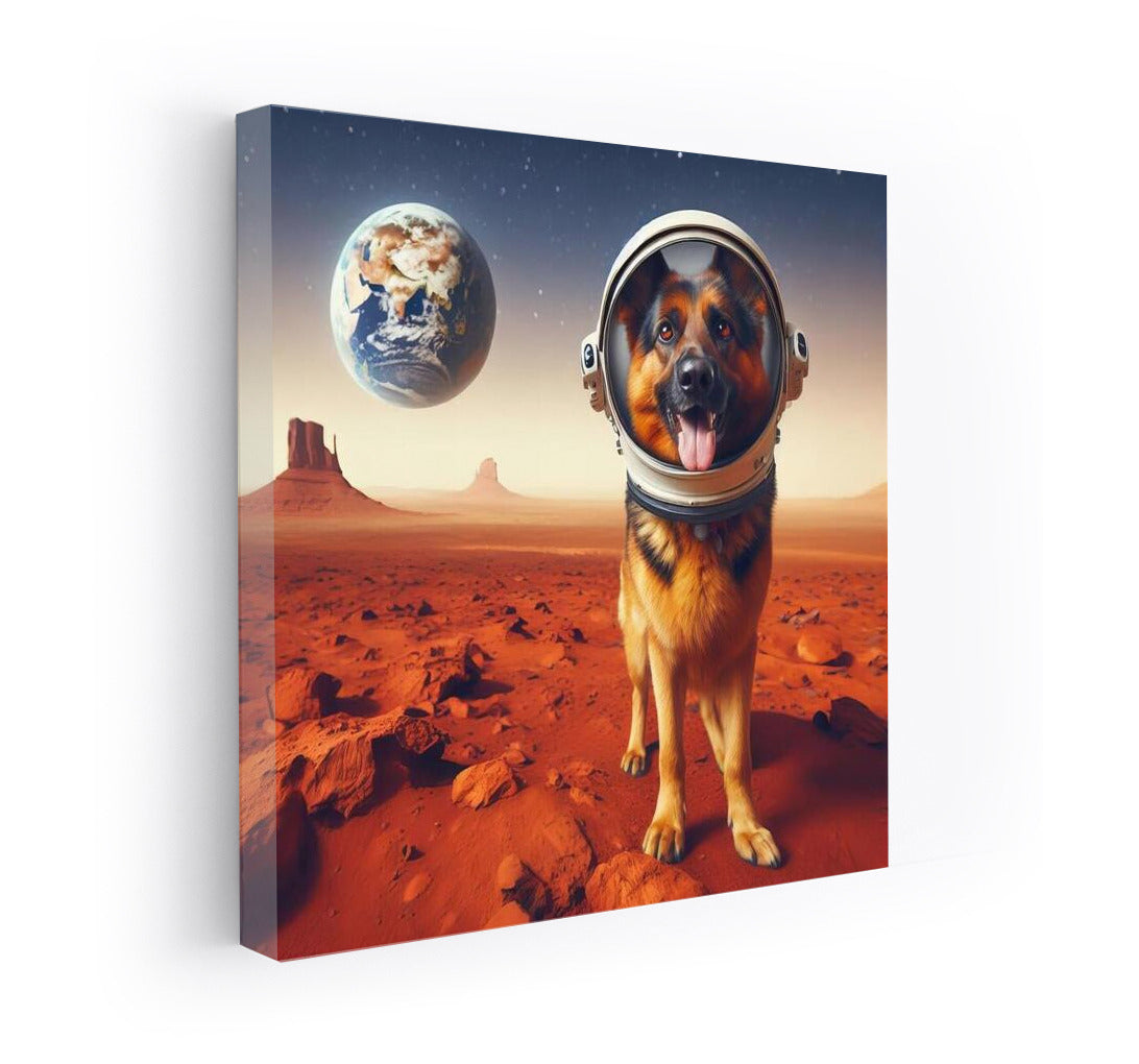 German Shepherd on Mars: Space Dog in an Astronaut Helmet