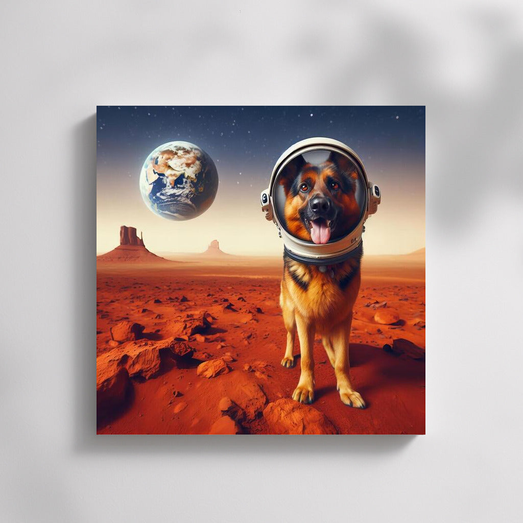 German Shepherd on Mars: Space Dog in an Astronaut Helmet