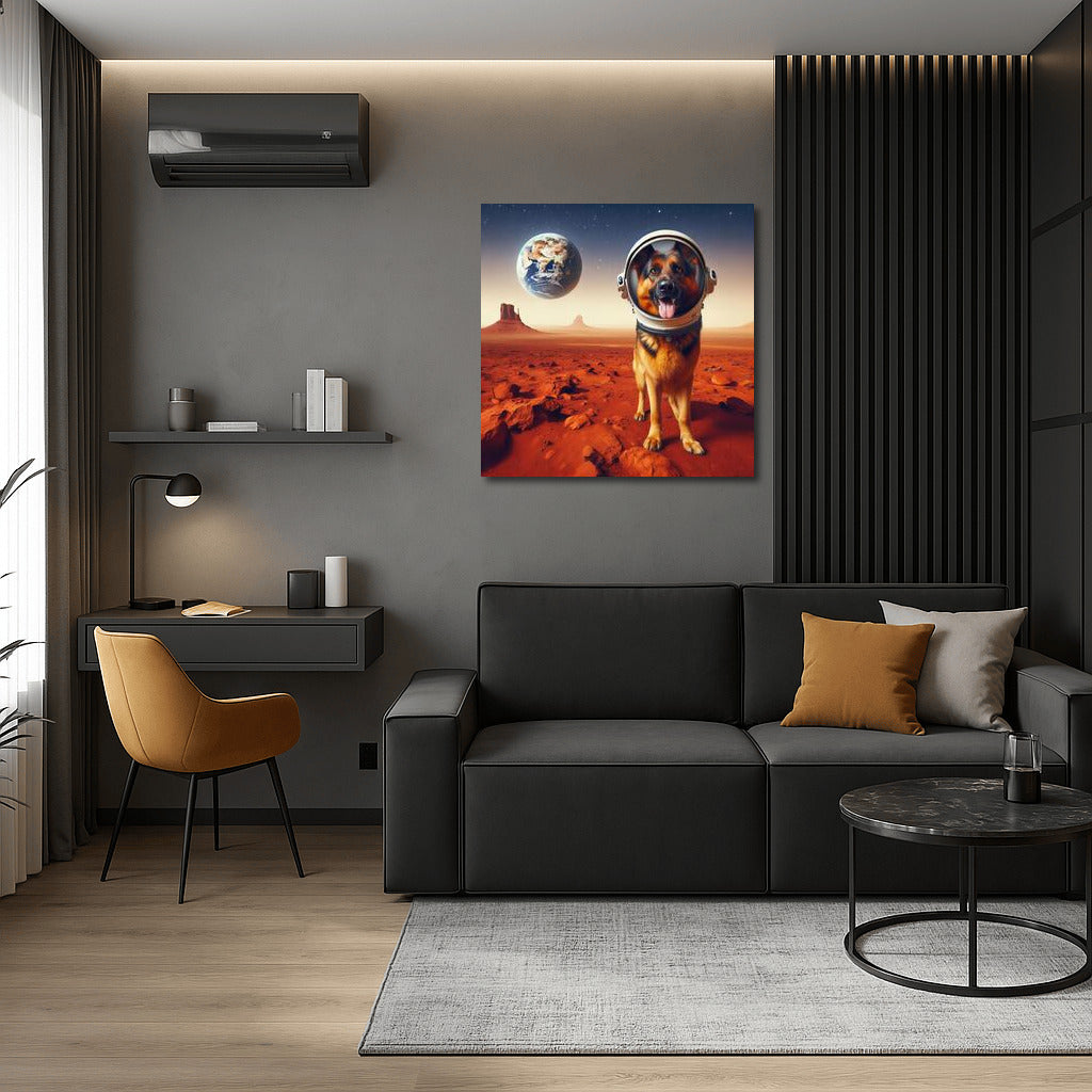German Shepherd on Mars: Space Dog in an Astronaut Helmet