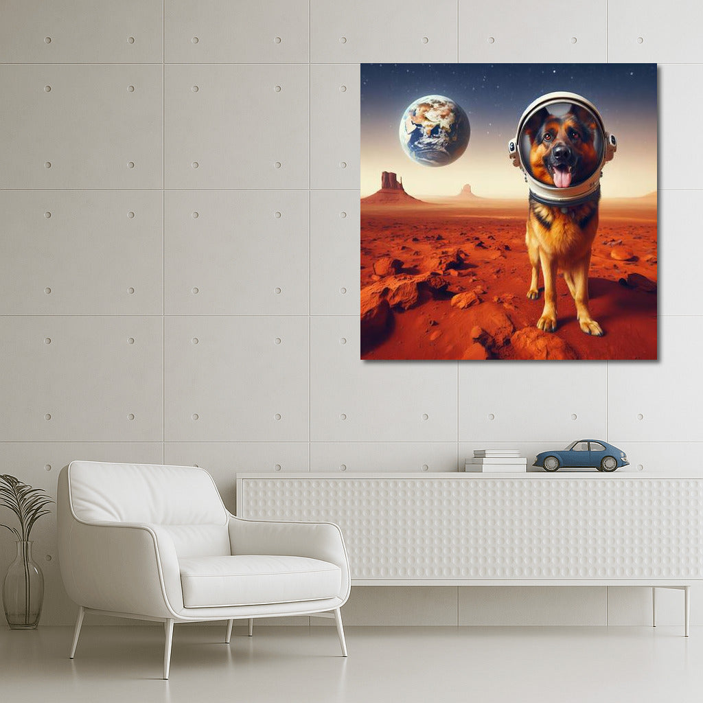 German Shepherd on Mars: Space Dog in an Astronaut Helmet