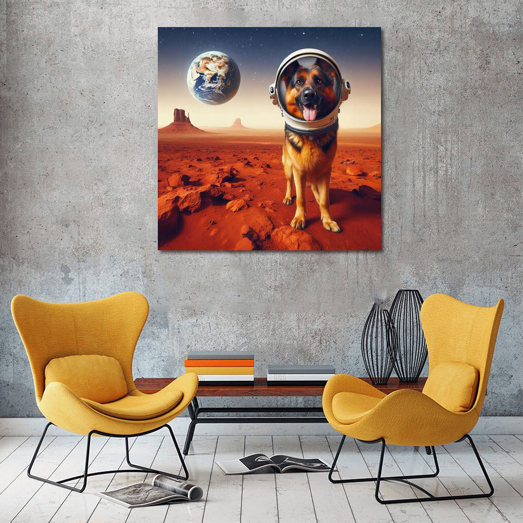 German Shepherd on Mars: Space Dog in an Astronaut Helmet