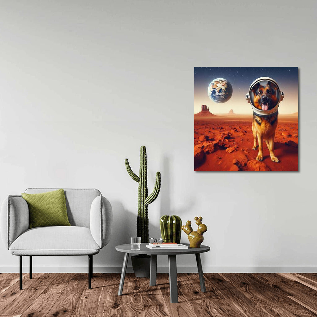 German Shepherd on Mars: Space Dog in an Astronaut Helmet