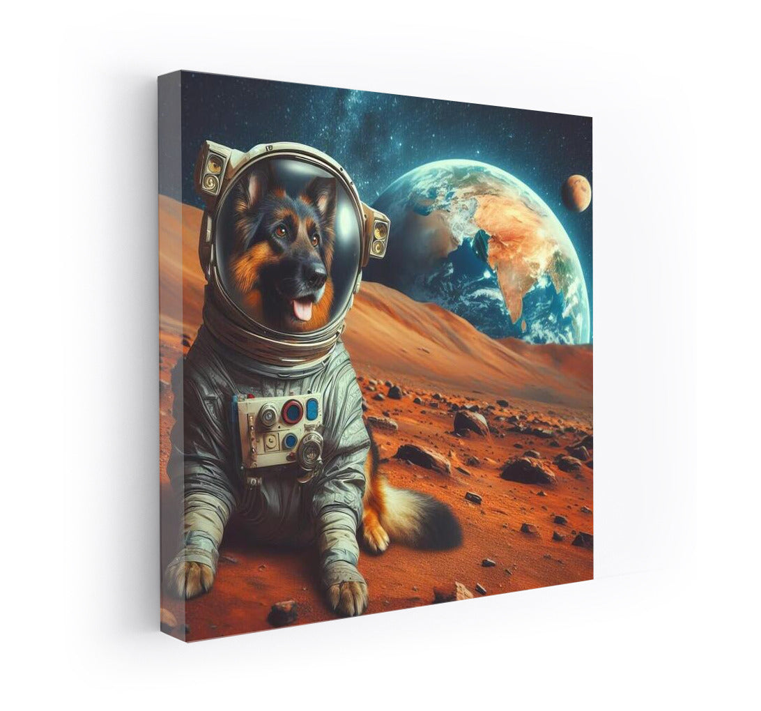 A Space Odyssey: A German Shepherd in a Spacesuit on Mars Admiring Earth 2