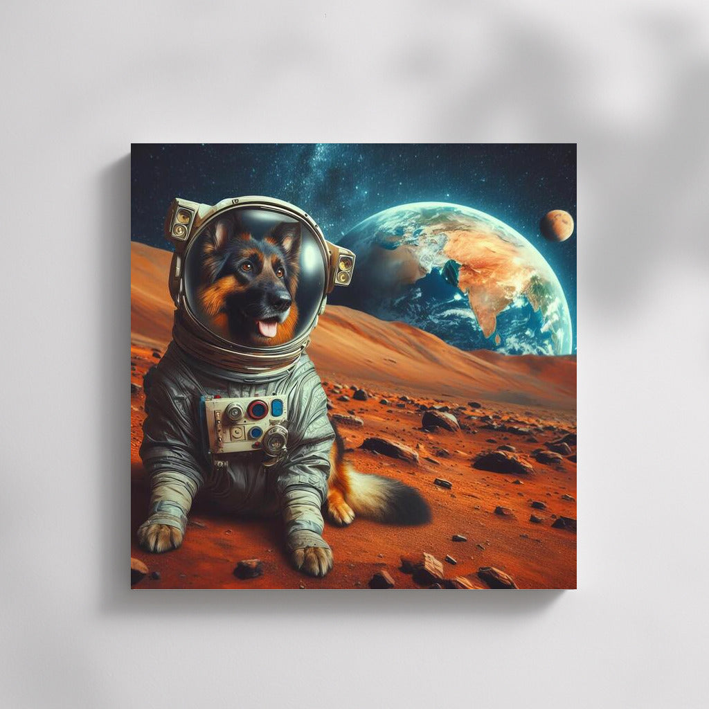 A Space Odyssey: A German Shepherd in a Spacesuit on Mars Admiring Earth 2