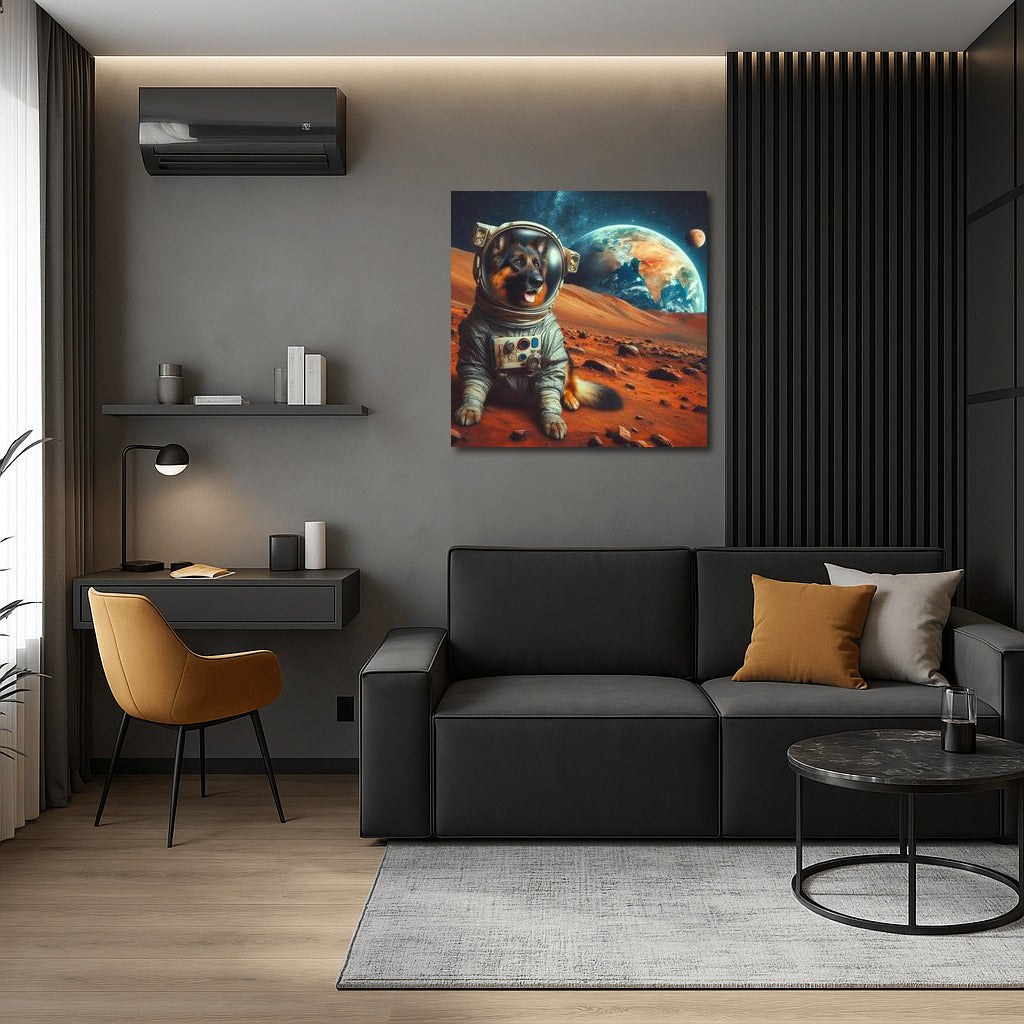 A Space Odyssey: A German Shepherd in a Spacesuit on Mars Admiring Earth 2