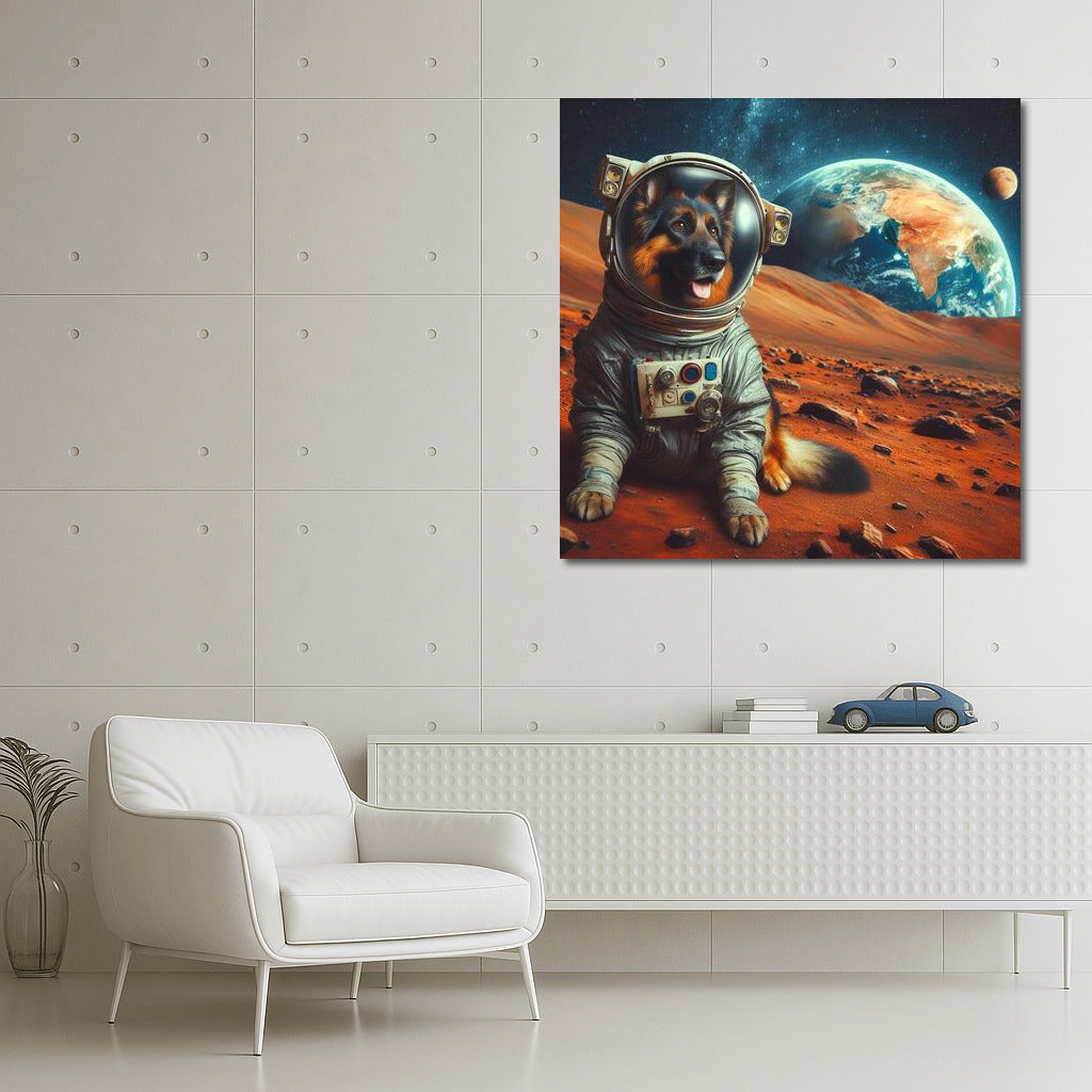A Space Odyssey: A German Shepherd in a Spacesuit on Mars Admiring Earth 2