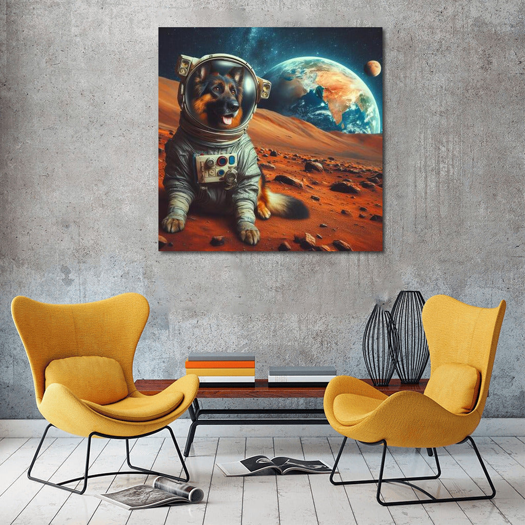 A Space Odyssey: A German Shepherd in a Spacesuit on Mars Admiring Earth 2