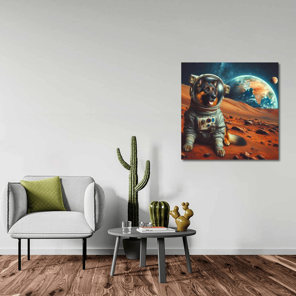 A Space Odyssey: A German Shepherd in a Spacesuit on Mars Admiring Earth 2