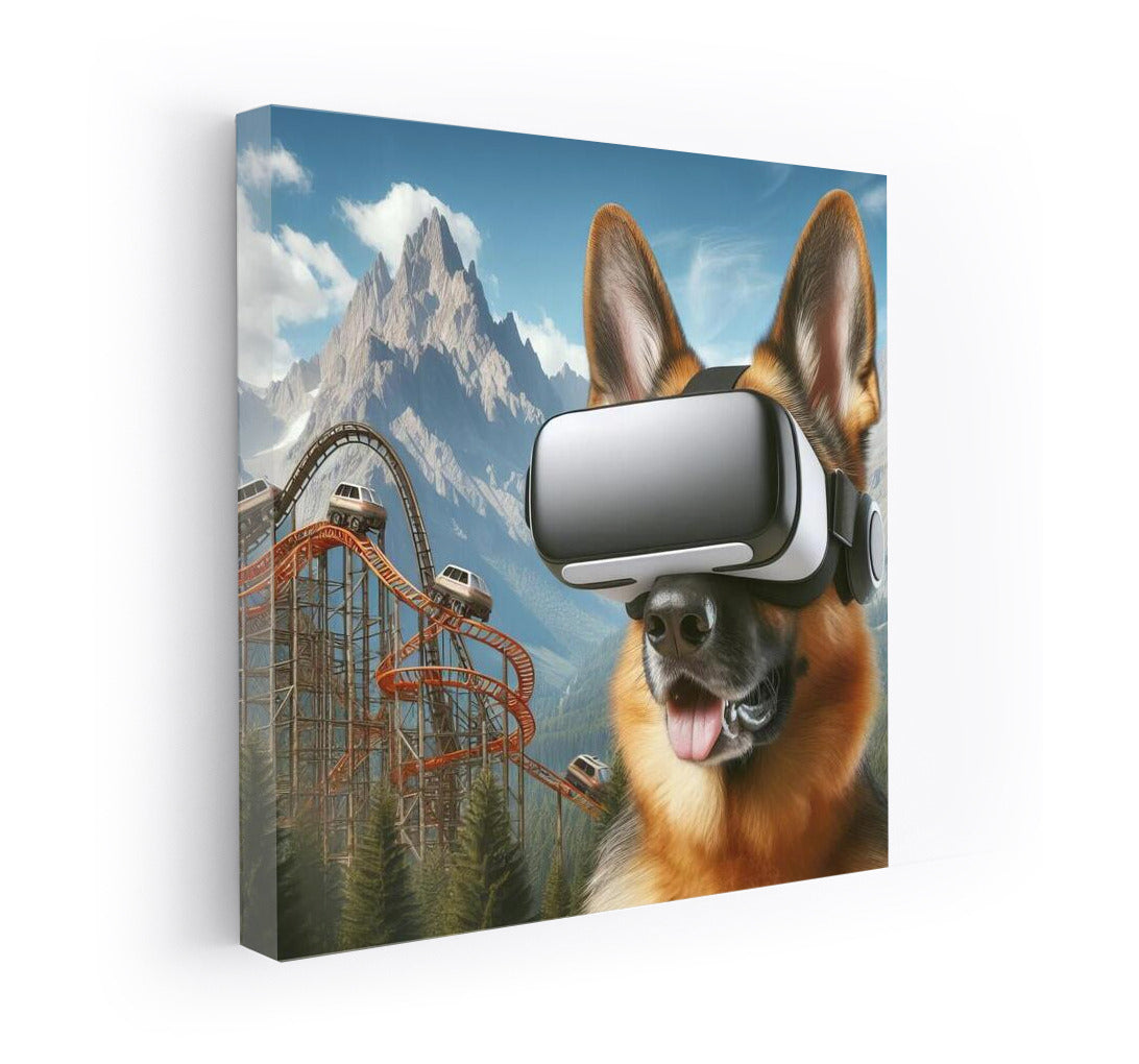 German Shepherd in Virtual Reality: Journey through Mountains and Attractions