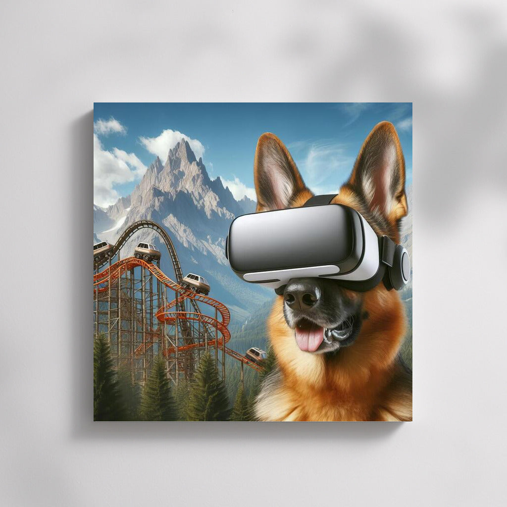 German Shepherd in Virtual Reality: Journey through Mountains and Attractions