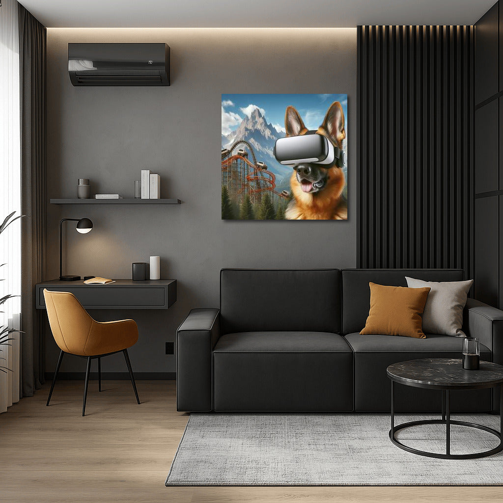 German Shepherd in Virtual Reality: Journey through Mountains and Attractions