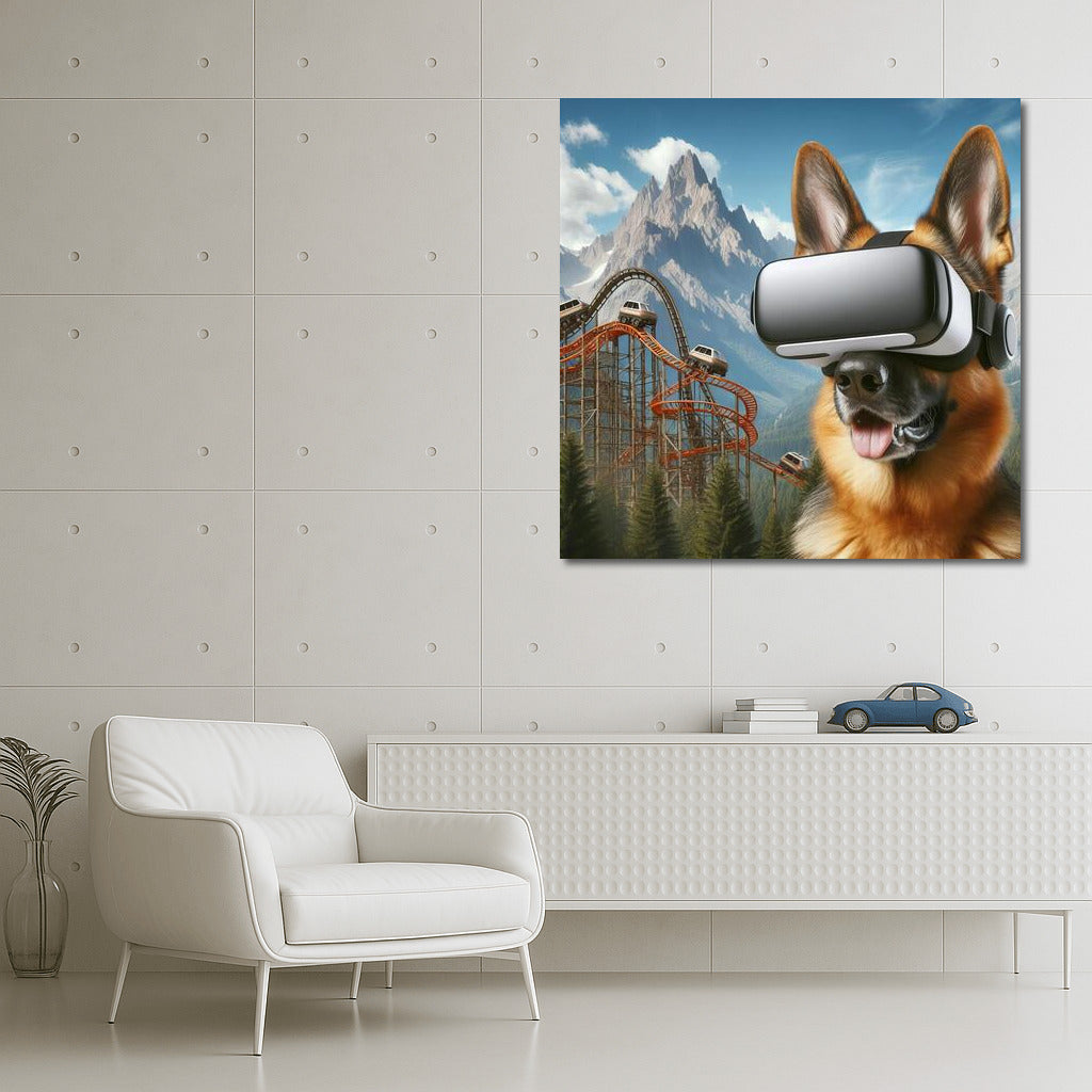 German Shepherd in Virtual Reality: Journey through Mountains and Attractions