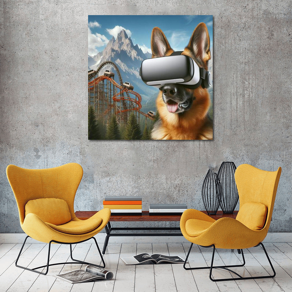 German Shepherd in Virtual Reality: Journey through Mountains and Attractions