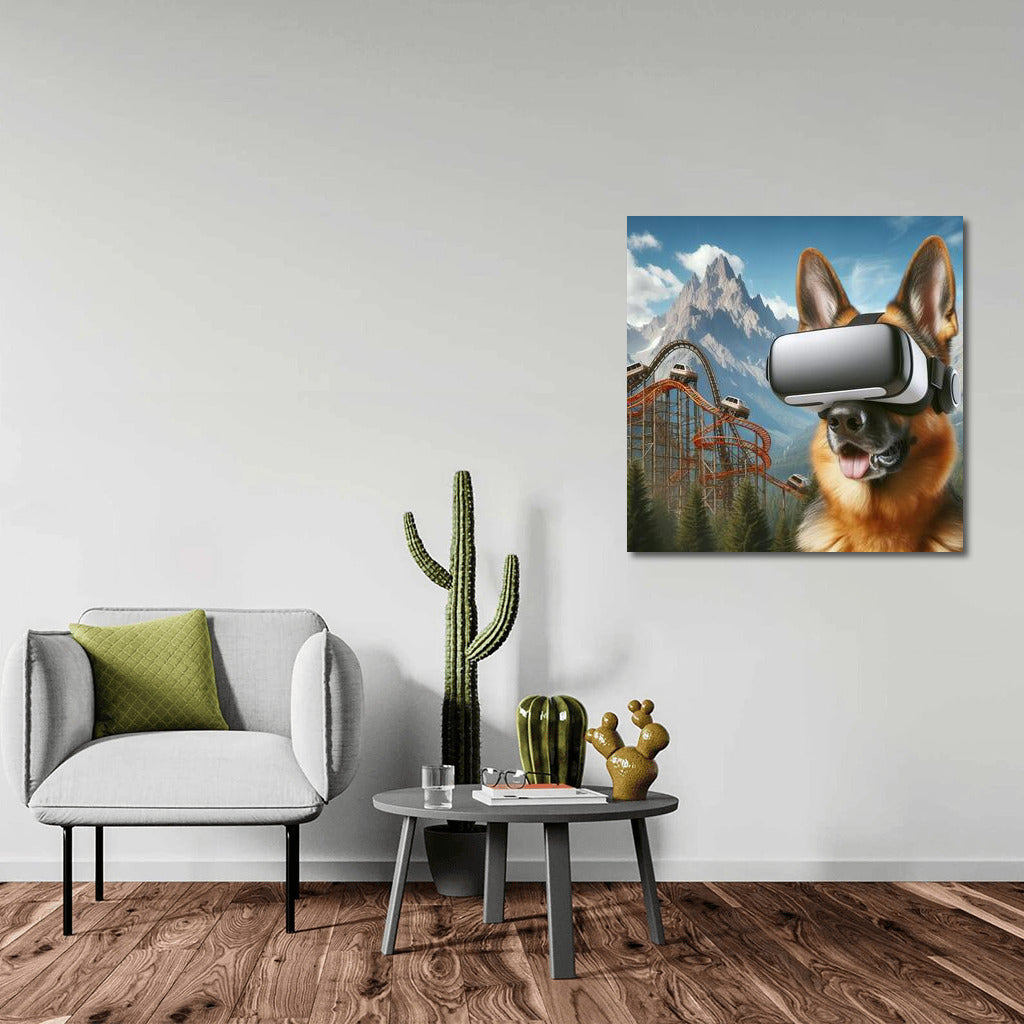 German Shepherd in Virtual Reality: Journey through Mountains and Attractions