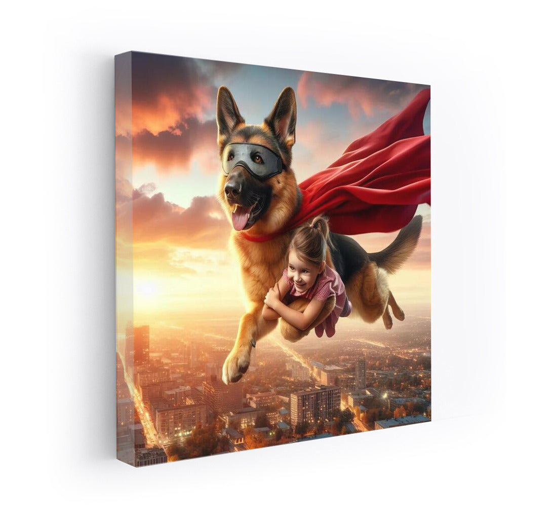 German Shepherd Superhero and Young Friend: Flying Over the City