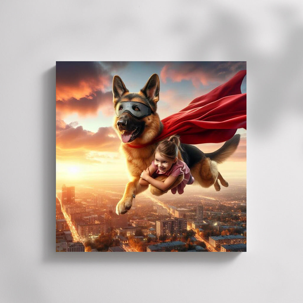 German Shepherd Superhero and Young Friend: Flying Over the City