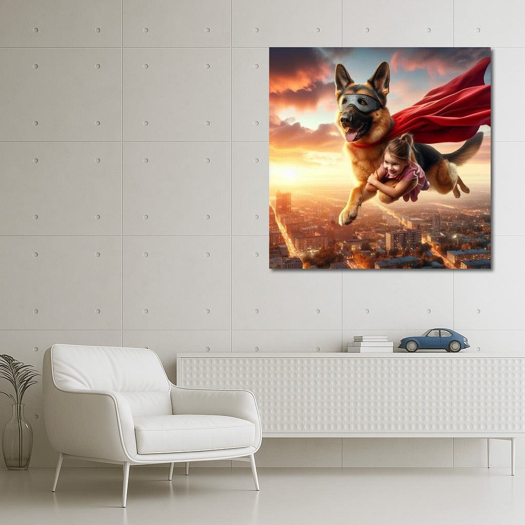 German Shepherd Superhero and Young Friend: Flying Over the City