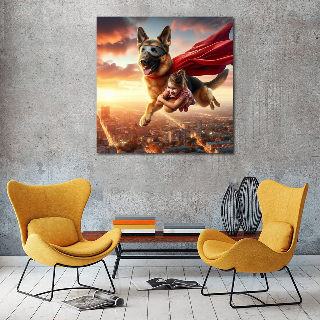 German Shepherd Superhero and Young Friend: Flying Over the City