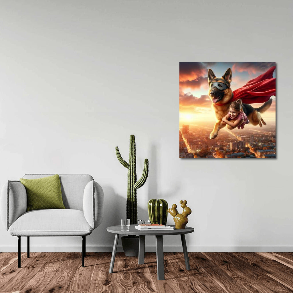 German Shepherd Superhero and Young Friend: Flying Over the City