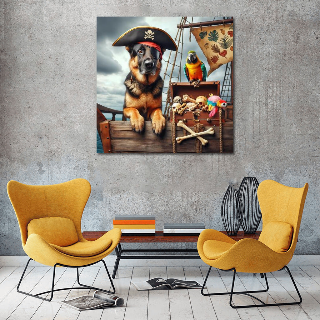 Pirate Adventures: German Shepherd and Parrot on a Ship