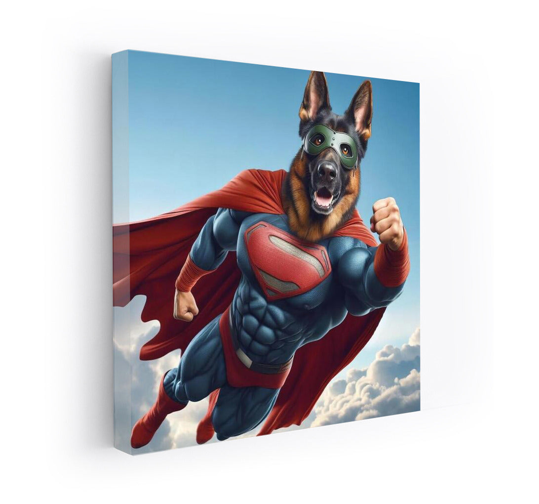 German Shepherd Superhero in the Clouds: Inspiration and Strength for Dreamers