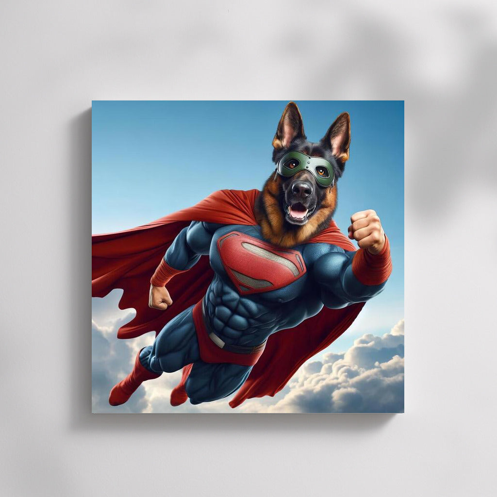 German Shepherd Superhero in the Clouds: Inspiration and Strength for Dreamers